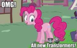 Size: 600x375 | Tagged: safe, pinkie pie, g4, fourth wall, hub logo, transformers