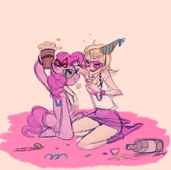 Size: 900x891 | Tagged: safe, artist:emmy, pinkie pie, human, g4, bow, cider, crossover, hat, homestuck, necklace, party hat, party horn, roxy lalonde