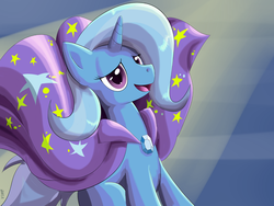 Size: 1500x1125 | Tagged: dead source, safe, artist:whatsapokemon, trixie, pony, unicorn, g4, cape, clothes, female, happy, mare, solo