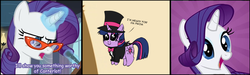 Size: 1000x300 | Tagged: safe, rarity, twilight sparkle, pony, unicorn, g4, chibi, female, glasses, mare, open mouth, rarity's glasses, text