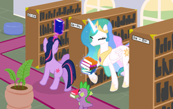 Size: 2200x1380 | Tagged: safe, artist:lightbulb, princess celestia, spike, twilight sparkle, alicorn, dragon, pony, unicorn, g4, baby, baby dragon, book, butt, carrying, cute, eyes closed, female, happy, library, magic, male, mare, plot, raised hoof, slice of life, smiling, telekinesis