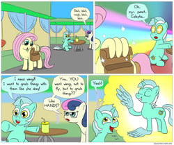 Size: 850x711 | Tagged: safe, artist:fadri, bon bon, fluttershy, lyra heartstrings, sweetie drops, comic:and that's how equestria was made, g4, bon bon is not amused, comic, wing hands