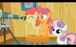 Size: 1024x640 | Tagged: safe, edit, edited screencap, screencap, apple bloom, scootaloo, sweetie belle, earth pony, pegasus, pony, unicorn, family appreciation day, g4, caption, cutie mark crusaders, female, filly, telescope, text, youtube caption