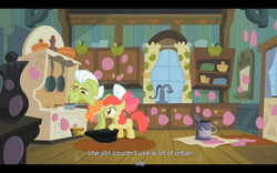 Size: 1024x640 | Tagged: safe, edit, edited screencap, screencap, apple bloom, granny smith, earth pony, pony, family appreciation day, g4, season 2, apple bloom's bow, bellows, bow, cabinet, caption, clothes, cupboard, curtains, door, duo, faucet, female, filly, foal, granny smith's shawl, hair bow, indoors, kitchen, mare, meme, paint bucket, pan, polka dots, rug, scarf, stove, text, window, youtube caption
