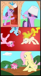 Size: 1339x2458 | Tagged: safe, artist:nun2artzy, fluttershy, pinkie pie, rainbow dash, twilight sparkle, bird, pegasus, pig, pony, unicorn, g4, angry, comic, disproportionate retribution, female, mane of fire, mare, piggie pie, pigified, prank, rainbird dash, rapidash twilight, species swap, transformation, unicorn twilight