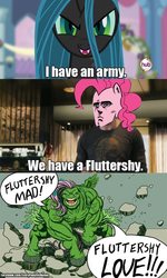 Size: 576x960 | Tagged: safe, fluttershy, pinkie pie, queen chrysalis, changeling, changeling queen, g4, avengers, female, flutterhulk, hilarious in hindsight, tony stark