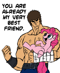 Size: 720x875 | Tagged: source needed, safe, artist:megasweet, pinkie pie, earth pony, pony, g4, broken comment counter, crossover, dialogue, duo, featureless crotch, female, hokuto no ken, kenshiro, male, mare, open mouth, simple background, smiling, white background