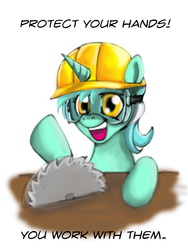 Size: 900x1200 | Tagged: safe, artist:gunslingerpen, lyra heartstrings, pony, g4, circular saw, female, hat, safety goggles, solo