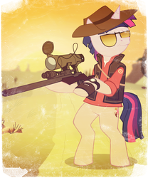 Size: 1000x1200 | Tagged: safe, artist:reynaruina, twilight sparkle, pony, unicorn, g4, bipedal, clothes, dusk shine, gun, hat, hooves, horn, male, optical sight, rifle, rule 63, sniper, sniper (tf2), sniper rifle, solo, stallion, sunglasses, team fortress 2, unicorn dusk shine, weapon