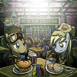 Size: 700x700 | Tagged: dead source, safe, artist:saturnspace, derpy hooves, doctor whooves, time turner, dolphin, pegasus, pony, xenomorph, g4, alien (franchise), banana, burger, crossover, e.t., english muffin, female, food, goggles, hitchhiker's guide to the galaxy, male, mare, muffin, ponies eating meat, sandwich, stallion, submarine sandwich
