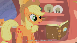 Size: 900x506 | Tagged: dead source, safe, screencap, applejack, earth pony, pony, g4, look before you sleep, applesack, book, caption, female, golden oaks library, mare, shipper on deck, solo, text, youtube caption