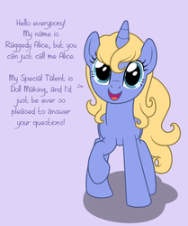 Size: 784x937 | Tagged: safe, artist:pocketsaya, oc, oc only, oc:raggedy alice, pony, unicorn, ask, cute, female, mare, raggedy alice, raised hoof, talking to viewer