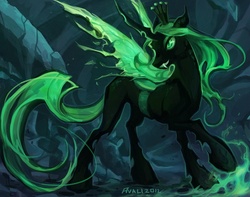 Size: 680x537 | Tagged: dead source, safe, artist:ladyavali, queen chrysalis, changeling, changeling queen, g4, crown, female, green changeling, jewelry, regalia