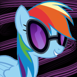 Size: 355x355 | Tagged: safe, rainbow dash, pegasus, pony, g4, abstract background, female, mare, solo, sunglasses, vinyl's glasses