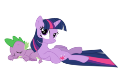 Size: 3000x1714 | Tagged: safe, artist:alexiy777, spike, twilight sparkle, dragon, pony, unicorn, g4, female, lying down, male, mare, on back, simple background, sleeping, transparent background, unicorn twilight