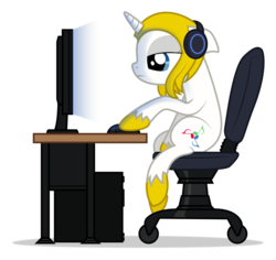 Size: 1024x968 | Tagged: safe, artist:emkay-mlp, oc, oc only, pony, browsing, chair, computer, headphones, solo