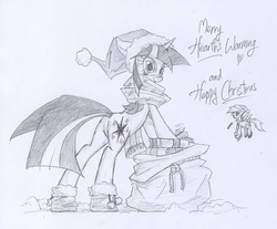 Size: 1280x1061 | Tagged: safe, artist:skutchi, derpy hooves, twilight sparkle, pegasus, pony, unicorn, ask twilight sparkle, g4, butt, christmas, clothes, female, hat, holiday, looking at you, looking back, looking back at you, mare, plot, santa hat, santa sack, scarf, unicorn twilight