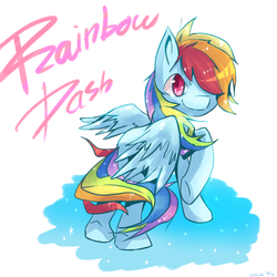 Size: 700x700 | Tagged: safe, artist:cheerubi, rainbow dash, pegasus, pony, g4, cutie mark, female, looking over shoulder, raised hoof, simple background, smiling, solo, sparkles, wings