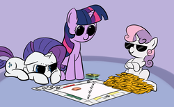 Size: 900x553 | Tagged: safe, artist:elslowmo, artist:tggeko, rarity, sweetie belle, twilight sparkle, pony, unicorn, g4, board game, female, filly, mare, money, monopoly, monopony, sunglasses, swag, unicorn twilight