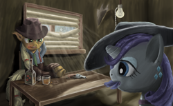 Size: 4110x2539 | Tagged: safe, artist:morevespenegas, applejack, rarity, g4, alcohol, cigar, gun, noir, revolver, smoking