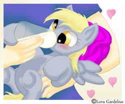 Size: 633x526 | Tagged: safe, artist:lova-gardelius, derpy hooves, human, pony, g4, baby, baby bottle, bottle feeding, brony, cute, filly, foal, holding a pony