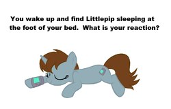 Size: 905x579 | Tagged: safe, oc, oc only, oc:littlepip, pony, unicorn, fallout equestria, g4, bronybait, cute, eyes closed, fanfic, fanfic art, female, hooves, horn, lying down, mare, meme, pipbuck, show accurate, simple background, sleeping, smiling, solo, text, what do, white background