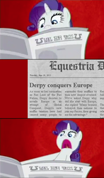 Size: 473x807 | Tagged: safe, edit, edited screencap, screencap, rarity, pony, unicorn, equestria daily, g4, ponyville confidential, abstract background, comic, female, foal free press, i'll destroy her, implied derpy, mare, meme, newspaper, open mouth, screencap comic, solo, written equestrian