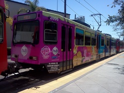 Size: 2048x1536 | Tagged: safe, artist:mallinda, hub logo, hubble, irl, photo, san diego, the hub, tram, trolley