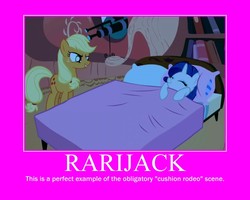 Size: 750x600 | Tagged: safe, edit, edited screencap, screencap, applejack, rarity, earth pony, pony, g4, look before you sleep, season 1, bed, duo, female, image macro, imminent rape, lesbian, pillow, ship:rarijack, shipping