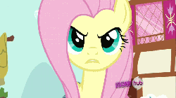 Size: 720x405 | Tagged: safe, screencap, fluttershy, pony, g4, putting your hoof down, all new, animated, cut in line i'll take what's mine, female, flutterbitch, flutterrage, hub logo, text