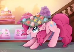 Size: 744x524 | Tagged: safe, artist:tsurime, pinkie pie, earth pony, pony, fanfic:cupcakes, g4, cake, cupcake, cute, feather, female, food, rainbow cupcake, solo, sugarcube corner