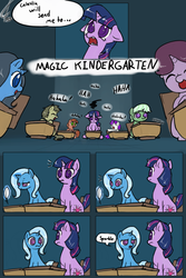 Size: 1600x2400 | Tagged: safe, artist:valcron, trixie, twilight sparkle, pony, unicorn, g4, lesson zero, classroom, comic, desk, dialogue, eye contact, eyes closed, female, filly, floppy ears, glare, laughing, looking at each other, magic kindergarten, one word, open mouth, scene parody, sitting, speech bubble, surprised, teary eyes, unicorn twilight