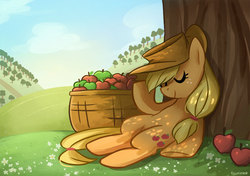 Size: 868x612 | Tagged: safe, artist:tsurime, applejack, earth pony, pony, g4, apple, basket, female, sleeping, solo, tree