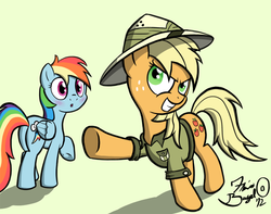 Size: 950x750 | Tagged: safe, artist:flavinbagel, applejack, rainbow dash, earth pony, pegasus, pony, g4, blushing, clothes, cosplay, daring do costume, female, freckles, hat, lesbian, loose hair, mare, ship:appledash, shipping, signature, simple background