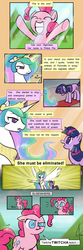 Size: 1000x3000 | Tagged: safe, artist:valcron, pinkie pie, princess celestia, twilight sparkle, g4, comic, twitchy tail, tyrant celestia