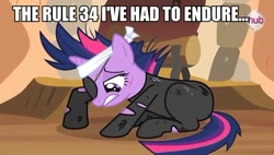 Size: 605x343 | Tagged: safe, edit, edited screencap, screencap, twilight sparkle, pony, unicorn, g4, caption, cut, eyepatch, female, image macro, mare, solo