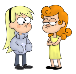 Size: 742x728 | Tagged: safe, artist:zicygomar, carrot top, derpy hooves, golden harvest, human, g4, crossed arms, duo, gravity falls, humanized, male, simple background, style emulation, transparent background