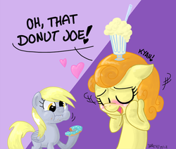 Size: 609x516 | Tagged: safe, artist:zicygomar, carrot top, derpy hooves, golden harvest, earth pony, pegasus, pony, g4, mmmystery on the friendship express, blushing, dialogue, donut, donut joe gets all the mares, eating, eyes closed, female, heart, implied donut joe, mare, milkshake, ship:carrotjoe, shipping, smiling, straight