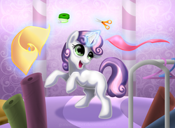 Size: 3652x2658 | Tagged: dead source, safe, artist:gonedreamer, sweetie belle, pony, g4, fabric, female, high res, magic, scissors, solo