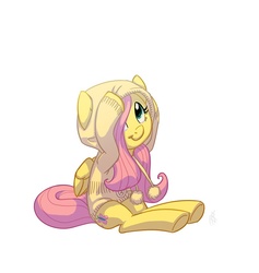 Size: 759x800 | Tagged: safe, artist:carnifex, fluttershy, pony, g4, bottomless, clothes, cute, female, filly, happy, hoodie, looking up, partial nudity, shyabetes, simple background, sitting, solo, sweater, sweatershy, white background