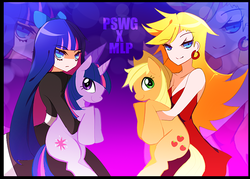 Size: 808x577 | Tagged: safe, artist:thelittlepurple, applejack, twilight sparkle, angel, earth pony, pony, unicorn, g4, 2012, anarchy panty, anarchy stocking, bokeh, crossover, ear piercing, earring, female, gradient background, group, holding a pony, hooped earrings, jewelry, mare, panty and stocking with garterbelt, pantyjack, piercing, purple background, quartet, simple background, stockinglight