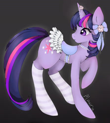 Size: 1878x2108 | Tagged: safe, artist:maxiria, twilight sparkle, pony, unicorn, g4, clothes, female, mare, ribbon, saddle, socks, solo, striped socks, unicorn twilight