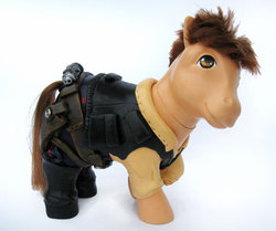 Size: 467x390 | Tagged: safe, earth pony, pony, belt, boots, clothes, customized toy, han solo, holster, irl, looking up, male, photo, ponified, shoes, smiling, solo, stallion, star wars, toy, vest