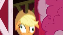 Size: 692x388 | Tagged: safe, edit, edited screencap, screencap, applejack, pinkie pie, pony, g4, party of one, season 1, :t, animated, back of head, derp, female, floppy ears, growth, nope, nope.avi, reaction image, silly, silly pony, smiling, wat, who's a silly pony, wide eyes