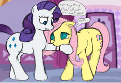 Size: 2200x1526 | Tagged: safe, artist:stonershy, fluttershy, rarity, pony, unicorn, vampire, vampony, fanfic:blood is thicker than friendship, g4, biting, blood, chubby, consensual vampirism, fanfic, grimcute, hilarious in hindsight, vampirism, wingless