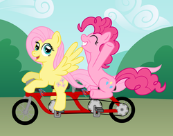 Size: 2880x2274 | Tagged: safe, artist:wildtiel, fluttershy, pinkie pie, g4, bicycle, high res, ride to conquer cancer, tandem