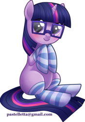 Size: 650x930 | Tagged: safe, artist:meltyvixen, twilight sparkle, pony, unicorn, g4, blushing, c:, clothes, cute, female, filly, glasses, meganekko, simple background, sitting, smiling, socks, solo, striped socks, transparent background, twiabetes, younger