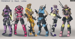 Size: 1280x659 | Tagged: source needed, safe, artist:nzrommel, applejack, fluttershy, pinkie pie, rainbow dash, rarity, twilight sparkle, alien, turian, g4, armor, crossover, face paint, gray background, gun, mane six, mass effect, omni-tool, pyjak, rifle, simple background, species swap, weapon