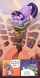 Size: 700x1342 | Tagged: safe, artist:simondrawsstuff, artist:simonwl, spike, twilight sparkle, g4, book, derp, derplight sparkle, golden oaks library, i just don't know what went wrong, implied derpy