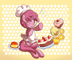 Size: 930x775 | Tagged: safe, artist:haute-claire, ruby pinch, pony, unicorn, g4, apron, cake, clothes, female, filly, hat, looking at you